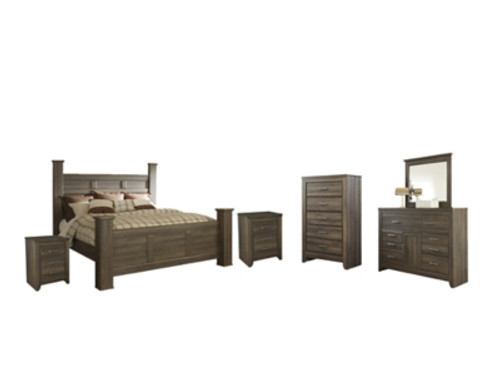 Ashley Juararo Dark Brown California King Poster Bed with Mirrored Dresser, Chest and 2 Nightstands