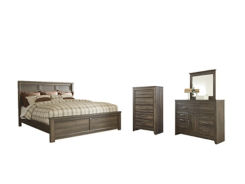 Ashley Juararo Dark Brown California King Panel Bed with Mirrored Dresser and Chest