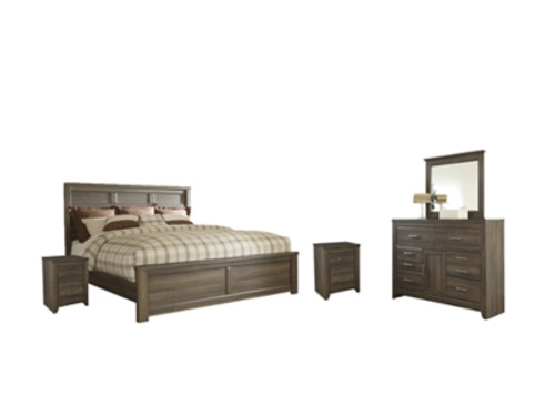 Ashley Juararo Dark Brown California King Panel Bed with Mirrored Dresser and 2 Nightstands