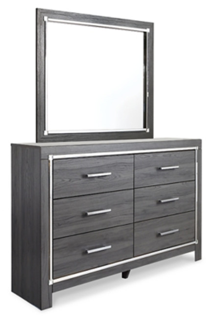 Ashley Lodanna Gray Full Upholstered Panel Headboard Bed with Mirrored Dresser, Chest and Nightstand