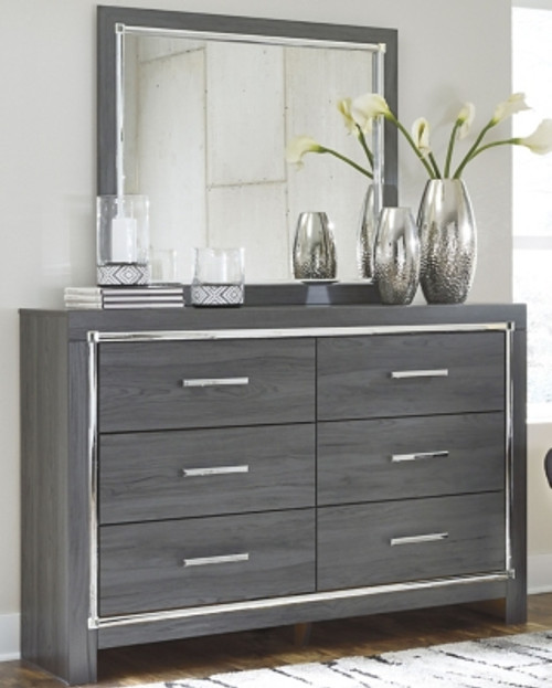 Ashley Lodanna Gray Full Upholstered Panel Headboard Bed with Mirrored Dresser, Chest and 2 Nightstands