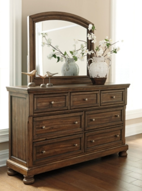 Ashley Flynnter Medium Brown California King Panel Bed with 2 Storage Drawers with Mirrored Dresser and 2 Nightstands