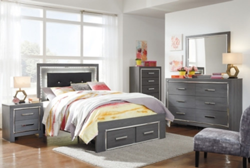 Ashley Lodanna Gray Full Panel Bed with 2 Storage Drawers with Mirrored Dresser, Chest and Nightstand