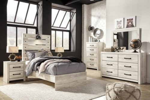 Ashley Cambeck Whitewash Twin Panel Bed with Mirrored Dresser, Chest and 2 Nightstands