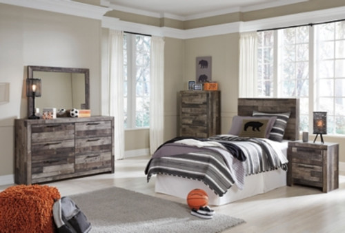 Benchcraft Derekson Multi Gray Twin Panel Headboard Bed with Mirrored Dresser, Chest and Nightstand