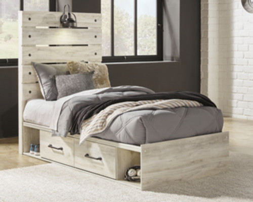 Ashley Cambeck Whitewash Twin Panel Bed with 2 Storage Drawers with Mirrored Dresser and Chest