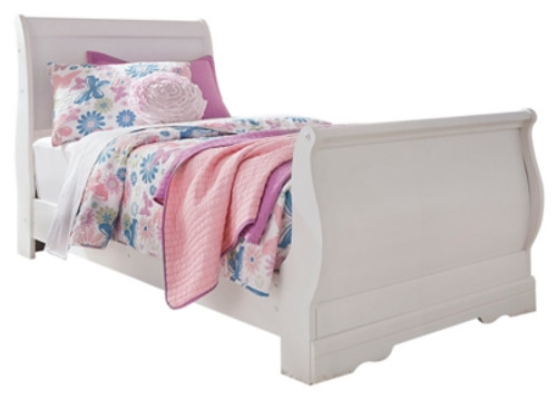 Ashley Anarasia White Twin Sleigh Bed with Mirrored Dresser, Chest and 2 Nightstands