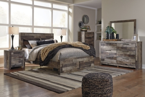 Benchcraft Derekson Multi Gray Queen Panel Bed with 2 Storage Drawers with Mirrored Dresser, Chest and 2 Nightstands