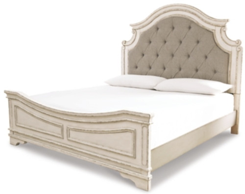 Ashley Realyn Chipped White California King Upholstered Panel Bed with Mirrored Dresser and Chest