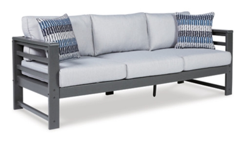 Ashley Amora Charcoal Gray Outdoor Sofa, Loveseat and 2 Lounge Chairs with Coffee Table and 2 End Tables