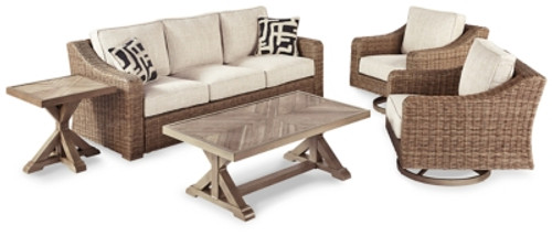 Ashley Beachcroft Beige Outdoor Sofa with 2 Lounge Chairs, Coffee Table and End Table