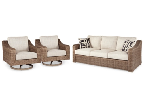 Ashley Beachcroft Beige 3-Piece Outdoor Set with Sofa and 2 Swivel Lounge Chairs