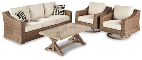 Ashley Beachcroft Beige Outdoor Sofa and 2 Chairs with Coffee Table