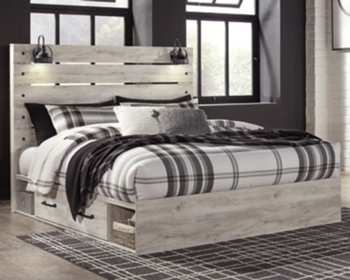 Ashley Cambeck Whitewash King Panel Bed with 4 Storage Drawers with Mirrored Dresser and 2 Nightstands