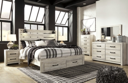 Ashley Cambeck Whitewash King Panel Bed with 2 Storage Drawers with Mirrored Dresser, Chest and Nightstand