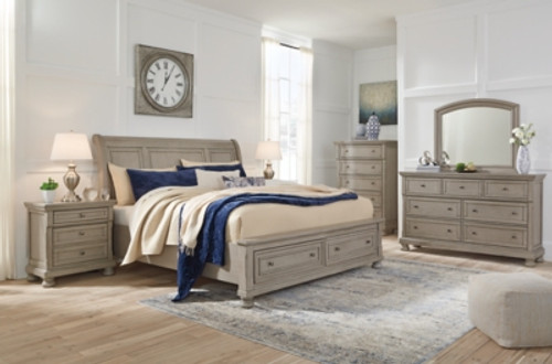 Ashley Lettner Light Gray Queen Sleigh Bed with 2 Storage Drawers with Mirrored Dresser, Chest and Nightstand
