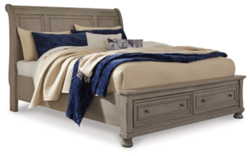 Ashley Lettner Light Gray Queen Sleigh Bed with 2 Storage Drawers with Mirrored Dresser, Chest and 2 Nightstands