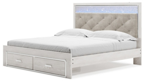 Ashley Altyra White King Upholstered Storage Bed with Mirrored Dresser and Nightstand