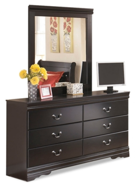 Ashley Huey Vineyard Black Twin Sleigh Headboard Bed with Mirrored Dresser and 2 Nightstands