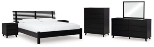 Ashley Danziar Black Queen Panel Bed with Mirrored Dresser, Chest and 2 Nightstands