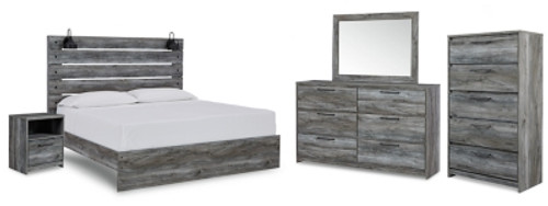 Ashley Baystorm Gray King Panel Bed with Mirrored Dresser, Chest and Nightstand