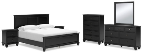 Ashley Lanolee Black King Panel Bed with Mirrored Dresser, Chest and 2 Nightstands