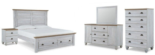 Ashley Haven Bay Two-tone King Panel Storage Bed with Mirrored Dresser, Chest and Nightstand