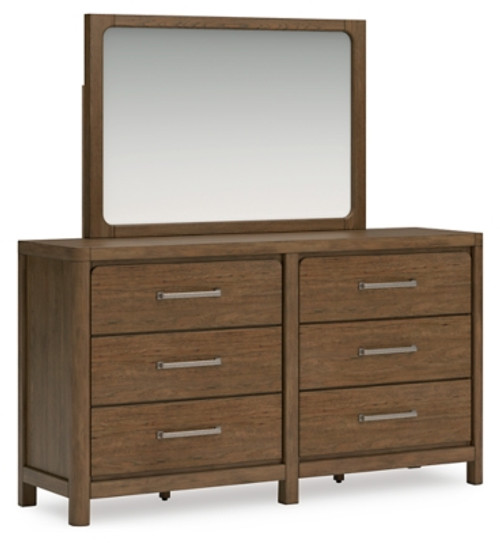 Ashley Cabalynn Light Brown Queen Upholstered Bed with Mirrored Dresser and Nightstand