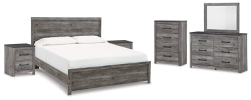 Ashley Bronyan Dark Gray King Panel Bed with Mirrored Dresser, Chest and 2 Nightstands