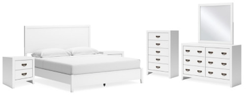 Ashley Binterglen White King Panel Bed with Mirrored Dresser, Chest and 2 Nightstands