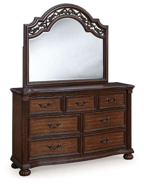 Ashley Lavinton Brown Queen Poster Bed with Mirrored Dresser and Nightstand