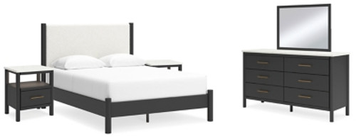Ashley Cadmori Black White Queen Upholstered Panel Bed with Mirrored Dresser and 2 Nightstands