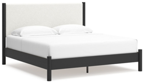 Ashley Cadmori Black White King Upholstered Panel Bed with 2 Nightstands