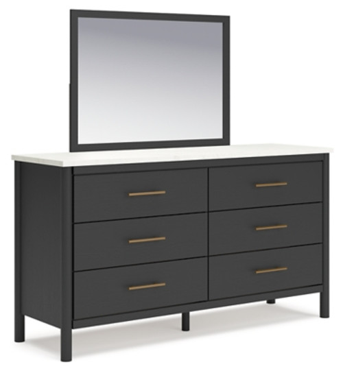 Ashley Cadmori Black White Full Upholstered Panel Bed with Mirrored Dresser, Chest and Nightstand