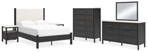 Ashley Cadmori Black White Full Upholstered Panel Bed with Mirrored Dresser, Chest and 2 Nightstands