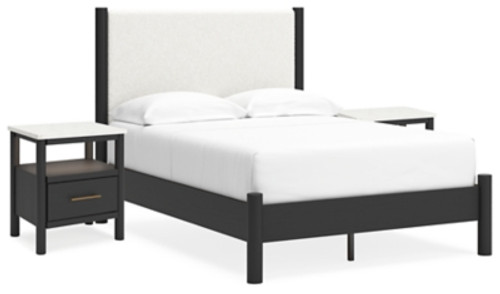 Ashley Cadmori Black White Full Upholstered Panel Bed with 2 Nightstands