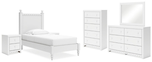 Ashley Mollviney White Twin Panel Bed with Mirrored Dresser, Chest and 2 Nightstands
