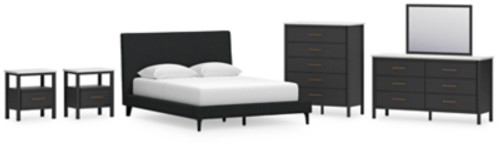 Ashley Cadmori Black Queen Upholstered Bed with Mirrored Dresser, Chest and 2 Nightstands