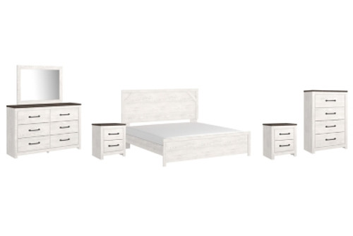 Ashley Gerridan White Gray King Panel Bed with Mirrored Dresser, Chest and 2 Nightstands