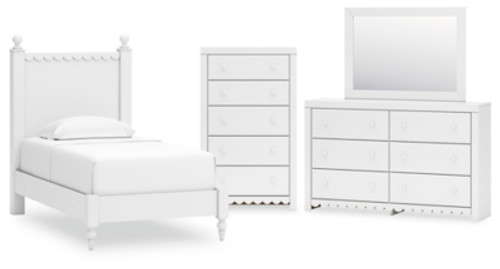 Ashley Mollviney White Twin Panel Bed with Mirrored Dresser and Chest