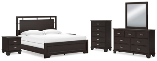 Ashley Covetown Dark Brown King Panel Bed with Mirrored Dresser, Chest and 2 Nightstands