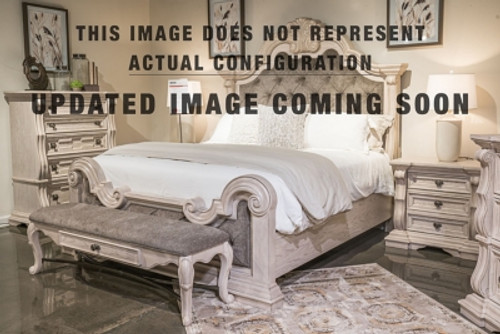 Ashley Andonhall Antique White Queen Upholstered Panel Bed with Mirrored Dresser and Nightstand
