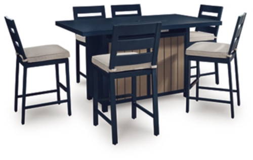 Ashley Mabry Shores Navy Blue Driftwood Outdoor Fire Pit Table and 6 Barstools