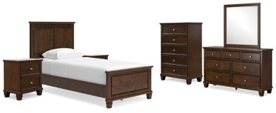 Ashley Danabrin Brown Twin Panel Bed with Mirrored Dresser, Chest and 2 Nightstands