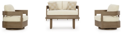 Ashley Serene Bay Dark Brown White Outdoor Loveseat and 2 Chairs with Coffee Table