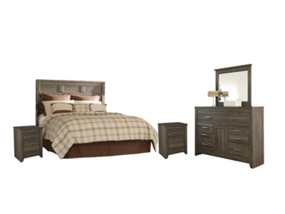 Juararo Dark Brown Queen Panel Headboard Bed with Mirrored Dresser and 2 Nightstands