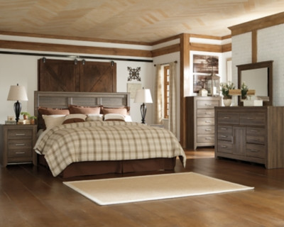 Ashley Juararo Dark Brown King/California King Panel Headboard Bed with Mirrored Dresser, Chest and 2 Nightstands