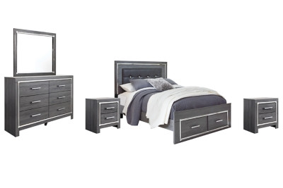 Ashley Lodanna Gray Queen Panel Bed with 2 Storage Drawers with Mirrored Dresser and 2 Nightstands
