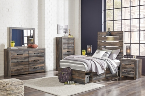 Drystan Multi Twin Panel Bed with 4 Storage Drawers with Mirrored Dresser, Chest and 2 Nightstands