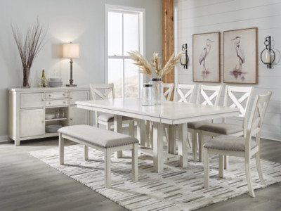 Ashley Robbinsdale Antique White Dining Table and 6 Chairs and Bench with Storage